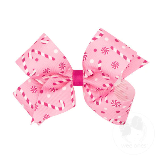 Medium Holiday-themed Printed Grosgrain Hair Bow - Peppermint