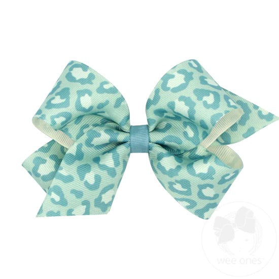 Medium Leopard Print Grosgrain Bow - Nile Blue