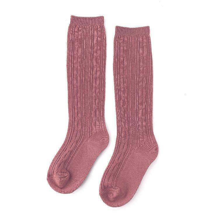 Cable Knit Knee High Socks - Mauve Rose