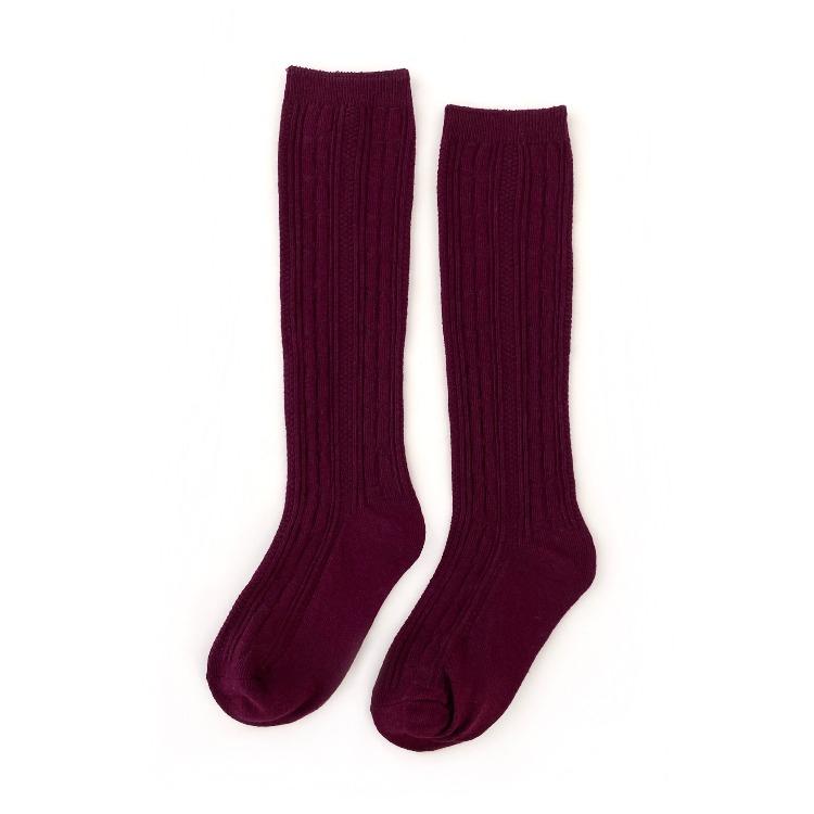Cable Knit Knee High Socks - Wine